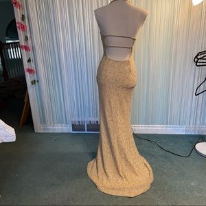 Vintage Gold Sparkle Glitter Open Back Fish Tail Sexy Party Halter Dress